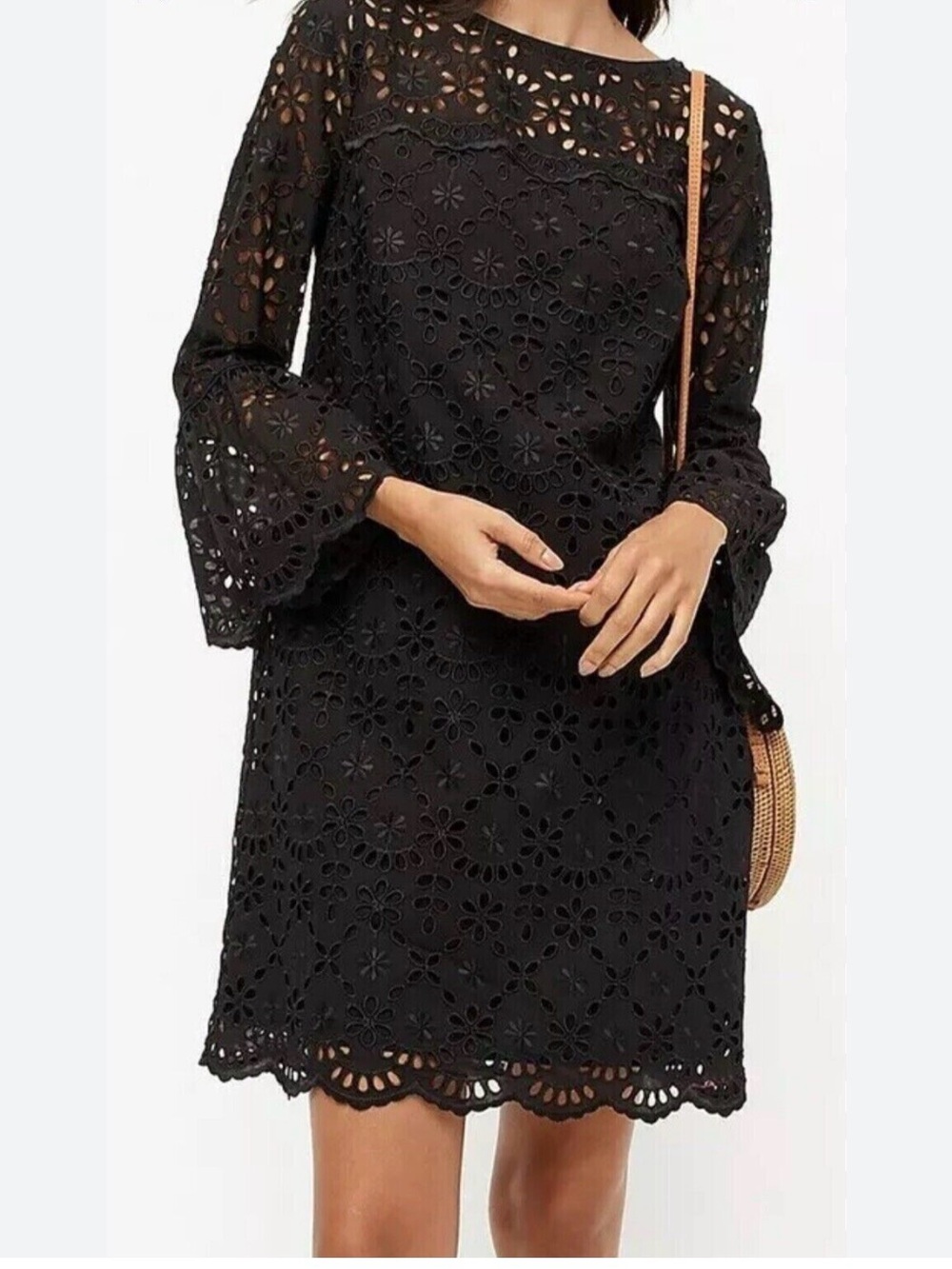 J. Crew black eyelet shift shirt bell sleeve floral classic women’s dress 6 m